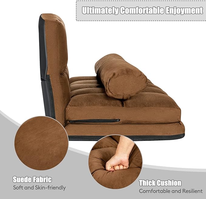 KOMFOTT Adjustable Floor Sofa Bed Foldable Lazy Sofa Sleeper Bed with 6 Position Backrest &amp 2 Pillows Convertible Futon Couch Bed with Suede Cloth Cover Lounge Recliner for Living Room (Coffee)