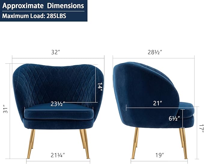 DUHOME Velvet Accent Chair with Barrel Backrest Upholstered Armchair Single Sofa for Living Room Bedroom Dining Room Blue