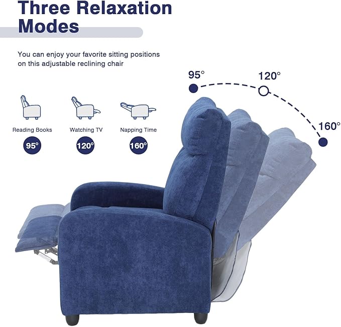 Compact Reclining Chair Linen Upholstered Single Recliner Sofa Chair with Adjustable Backrest &amp Footrest Ideal for Home Living Room Bedroom Office Navy Blue