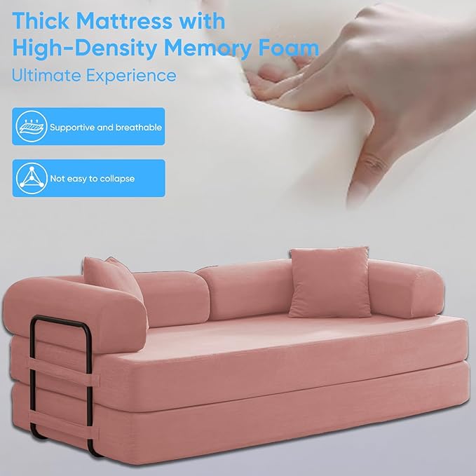 Mjkone 78.7 W Convertible Folding Mattress Couch with Armrest Corduroy Floor Sofa Bed with Metal Fixed-Shape Frame 5-in-1 DIY Futon Lazy Sofa Cama Lounge Couch for Living Room Bedroom Studio Pink