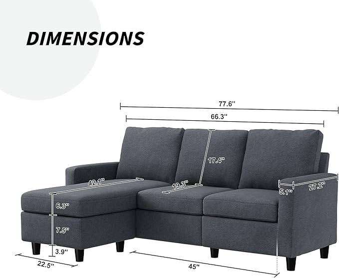 L Shaped CouchReversible Sofa with Linen FabricConvertible Sectional Sofa for Small Space Dark Grey