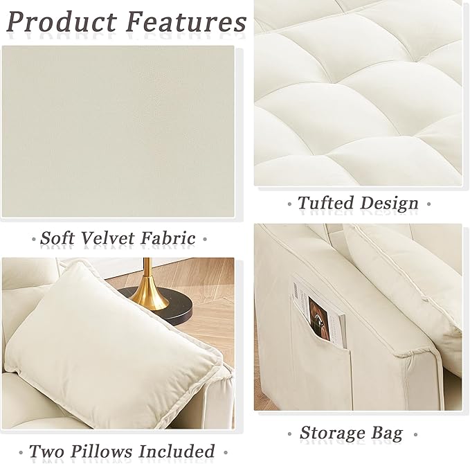 55 Sleeper Loveseat3 in 1 Sofa BedPull Out Couch Bed with 2 Pillows and Side PocketsVelvet Convertible Bed for Small SpacesLiving Room (Beige)