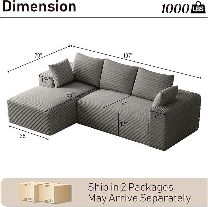 107 Sectional Couches for Living Room Comfy L Shaped Boneless Couches Modern Deep Seat Modular Sofa Cloud Corduroy Couch with Left Facing Chaise No Assembly Needed Light Grey