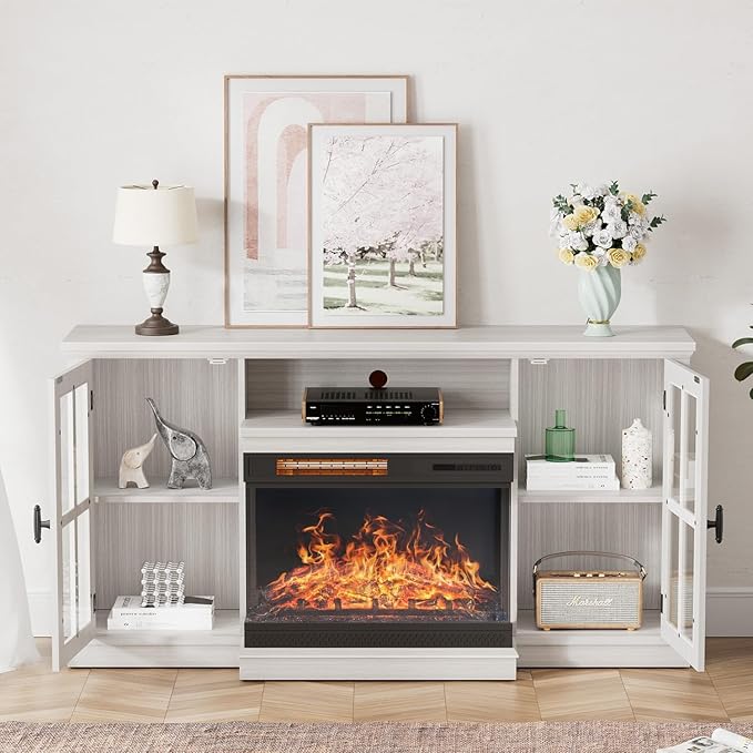 YESHOMY Glass Fireplace TV Stand for TVs up to 65 Inch Media Entertainment Center with Storage White Wash