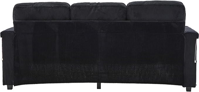 76.8 L-Shaped Sleeper Sofa with Storage Ottoman USB Ports Cup Holders&ampLED Lights Side Pockets Comfy Corduroy Modern 3-Seater Small Couch Bed for Living Room with 2 Throw Pillows (Black)