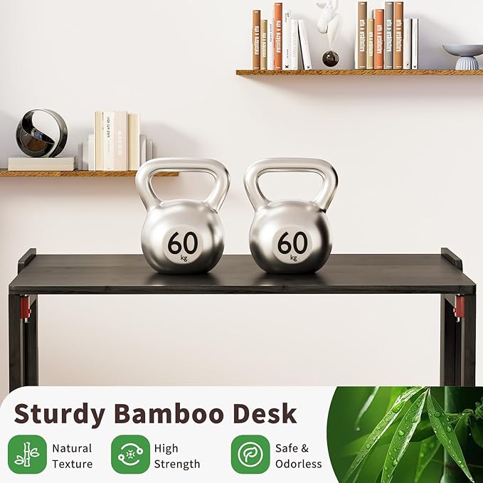 Bamboo Foldable Desk Folding Desks for Small Spaces Mid Century Small Computer Desk with Bookshelf for Bedroom Home Office Black