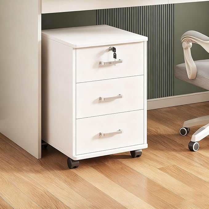 23.2 H Mobile File Cabinet with 3 Storage Drawers Under Desk Rolling File Cabinets for Home Office Storage Wood Rustic Filing Cabinets Narrow File Cabinet Cart Locked(White)