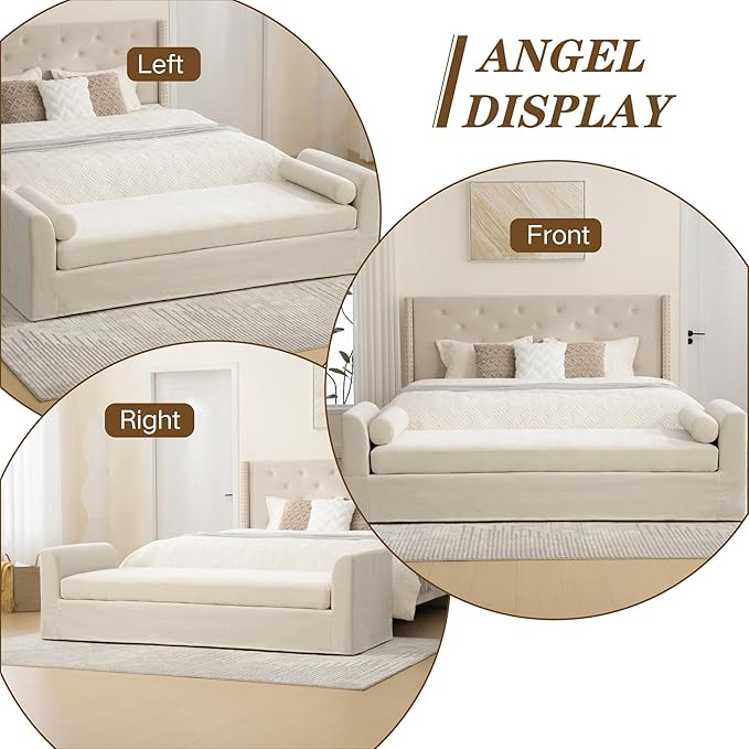 Mlmh &amp Kngwa Chaise Lounge Chair Indoor 88.5 Upholstered Oversized End of Bed Bench with 2 Pillows &amp Armrests Comfy Sleeper Couch Daybed Bench for Bedroom Living Room Chenille Beige