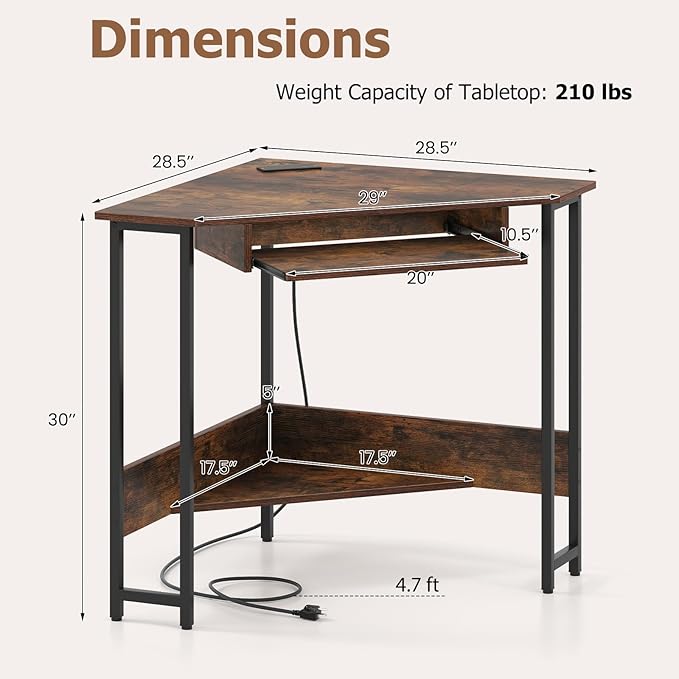 Tangkula Corner Desk with Keyboard Tray 90-Degree Triangle Corner Computer Desk for Small Space Industrial Writing Desk with Storage Shelf Space-Saving Laptop PC Desk (Rustic Brown)