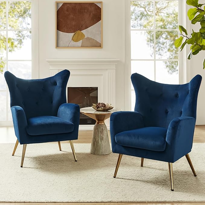 HULALA HOME Velvet Accent Chair Set of 2 Modern Wingback Arm Chair with Metal Gold Legs Velvet Tufted Upholstered Single Sofa Chair (Navy)
