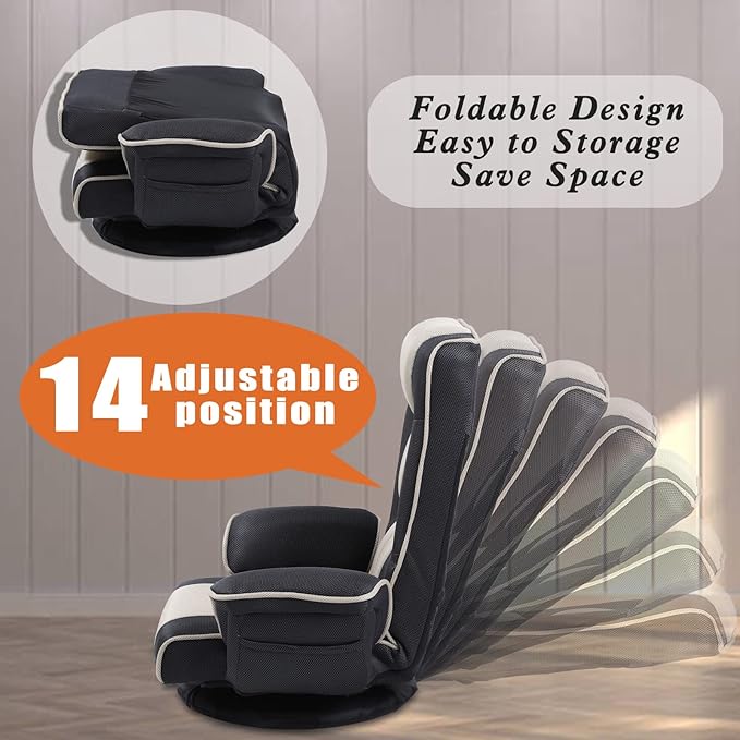 360 Degree Swivel Floor Chairs for Adults Gaming Floor Chair with Back Support 14 Angles Adjustable Comfortable Floor Lounge Chair Folding Video Game Chairs Office Bedroom 201(Grey)