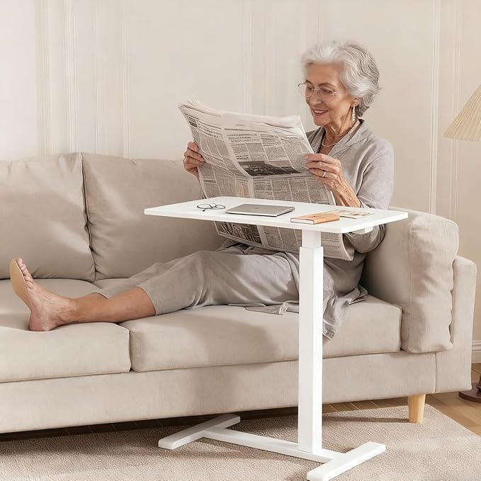 Rolling Standing Desk with Hidden WheelsOverbed Bedside Table Adjustable HeightPneumatic Laptop Desk Rolling Computer Cart for HomeOfficeWhite