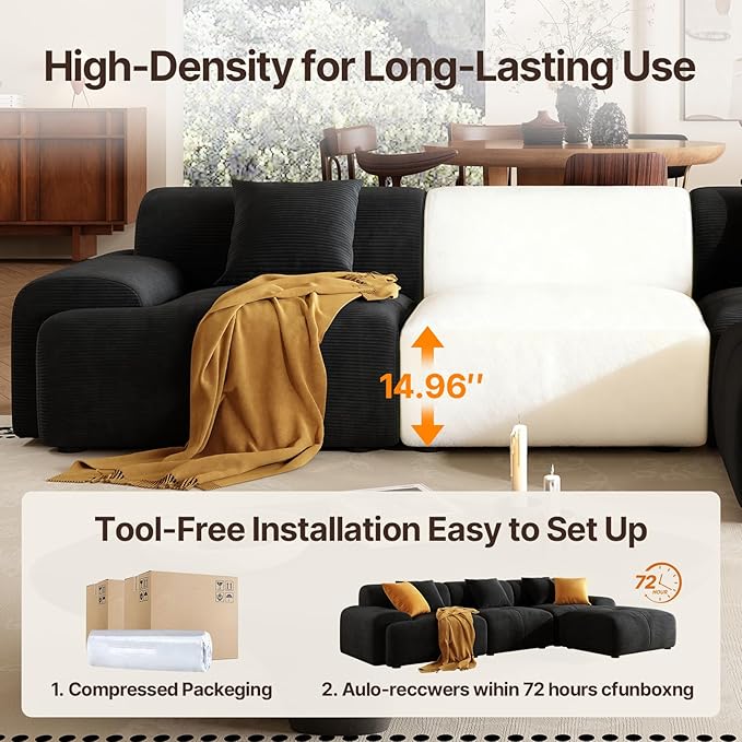 113 Modern L-Shaped Modular Sectional Sofa for Living Room Corduroy Upholstery Black 3-Seater Cloud Couchand Movable Ottoman – No Assembly Black