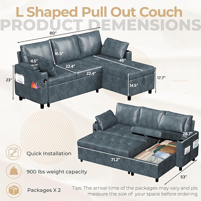 Sleeper Sofa Couch with Pullout Bed 83.5 L-Shaped Convertible Sofa with Storage Chaise USB Ports &amp Cup Holders Faux Leather Sectional for Living Room Dark Blue