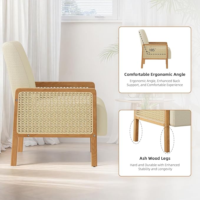 Rattan Accent Chair with Rattan Arms Mid Century Modern Chair for Living Room Linen Upholstered Comfy Chair for Bedroom Reading Room Home Office Beige