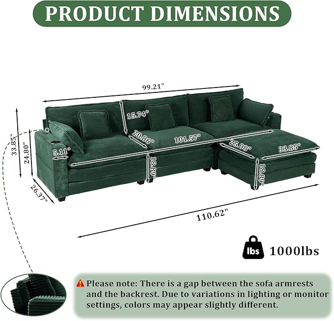 99 Modular Sectional SofaCouches for Living RoomModern Modular L-Shape Sofa with Ottoman &amp Side Pocket Cloud Sectional CouchCorduroy Oversized Sleeper Sofa with USB Port &amp Cup Holder (Gree