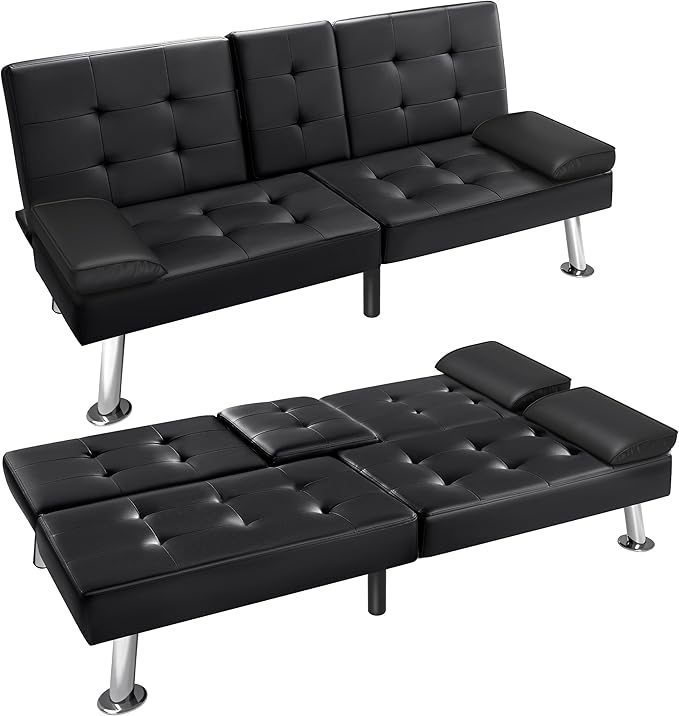 Furniwell Futon Sofa Bed Modern Faux Leather Sofa Couch for Living Room Convertible Folding Adjustable Recliner with 2 Cup Holders and Armrests (Black)