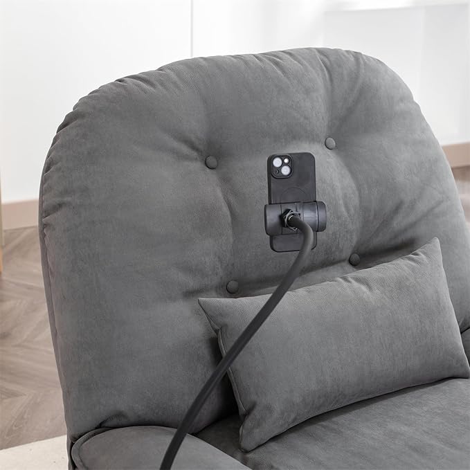 Power Recliner Sofa Chair 270 Degree Swivel Leisure Single Sofa with Button Control Wireless Speaker USB Ports Hidden Arm Storage Phone Holder for Living Room Grey Fabric (Without LED)