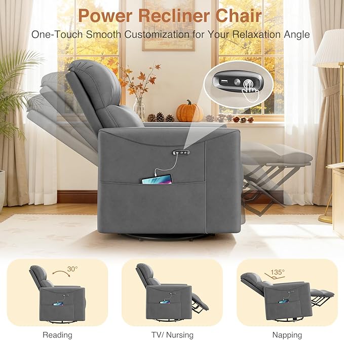 Kidirect Power Swivel Rocker Recliner 360° Swivel Recliner Chairs for Nursery Pu Leather Power Recliner Chair with USB Port and Side Pocket Electric Glider Rocking Chair for Living Room