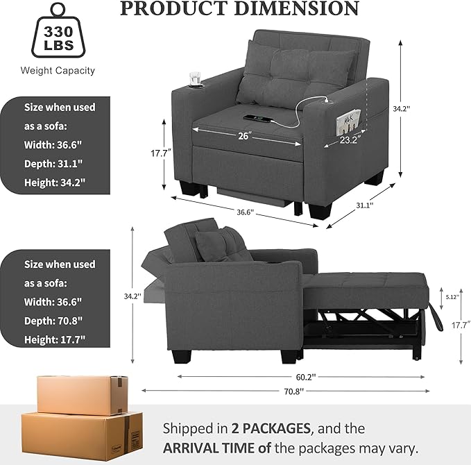 DURASPACE Pull Out Sofa Bed 3-in-1 Convertible Sofa Sleeper Chair Bed with USB Cup Holder Adjustable Armchair Beds for Small Spaces Apartment Living Room Office (Dark Gray Linen)