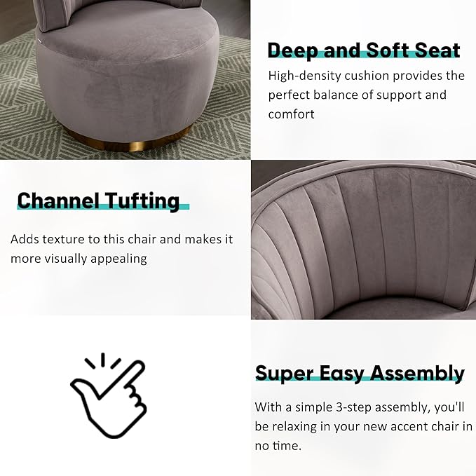 JOYBASE Swivel Accent Chair Round Swivel Barrel Chair with Golden Metal Base Cozy Comfy Lounge Chair Circle Club Chair Armchair Modern Sofa Chair for Living Room Bedroom (Grey Velvet)