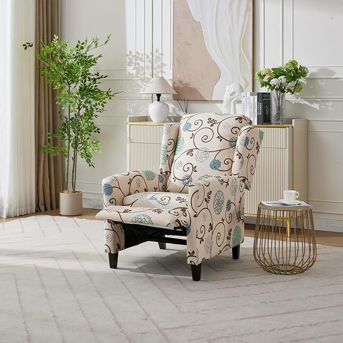 Push Back Recliner Chair with High Back Blue Floral Print Fabric Upholstery Classic Wing Back Design 250 LBS Capacity (Beige)
