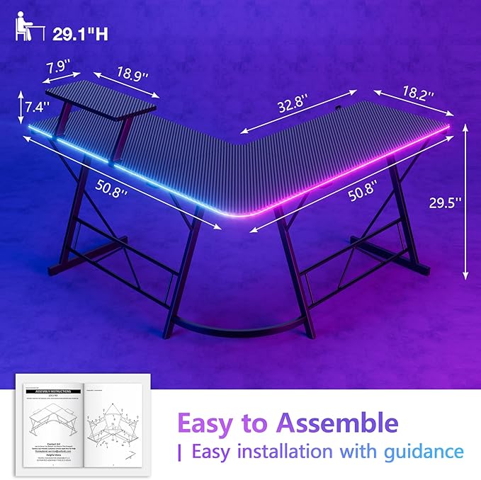 Mr IRONSTONE Gaming Desk with LED Lights L Shaped Desk Corner with Cup Holder &amp Headphone Hook Computer Desk Home Office Desks with Large Monitor Stand Carbon Fiber Surface Black 51 Inch