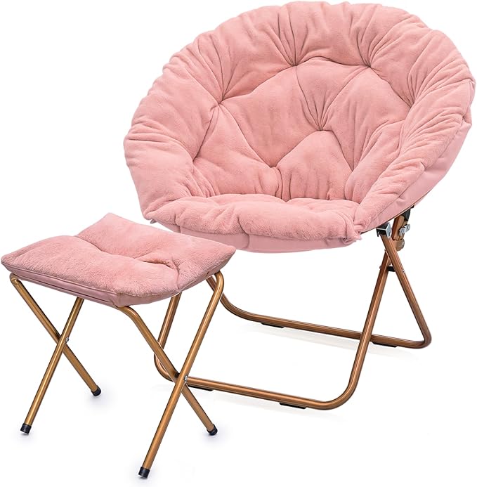 MoNiBloom Round Folding Faux Fur Saucer Chair for Bedroom Living Room Dorm Foldable Metal Frame Oversized Large Comfy Furry Padded Soft Cozy Moon Chair with Footrest Ottoman for Adults (Pink)