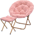 MoNiBloom Round Folding Faux Fur Saucer Chair for Bedroom Living Room Dorm Foldable Metal Frame Oversized Large Comfy Furry Padded Soft Cozy Moon Chair with Footrest Ottoman for Adults (Pink)