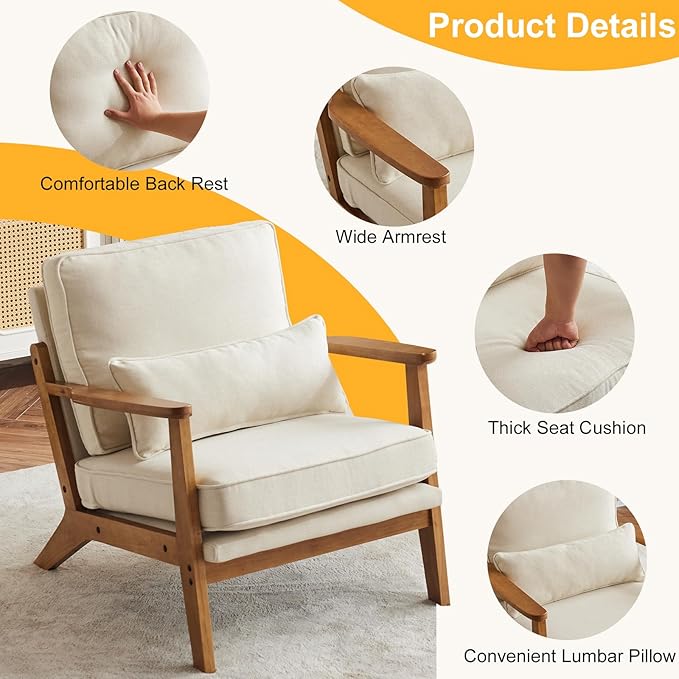 Karl home Accent Chair Wide Armrest Mid-Century Lounge Chair Linen Fabric Armchair with Lumbar Pillow &amp Solid Wood Frame for Living Room Bedroom Balcony Beige