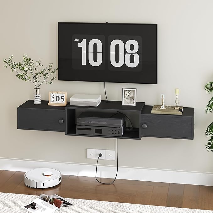 HOOBRO 55 Floating TV Stand with Power Outlets Modern Wall Mounted Media Console Shelf with Doors Entertainment Center for Under TV Storage for Living Room Bedroom Black BK11UDS01
