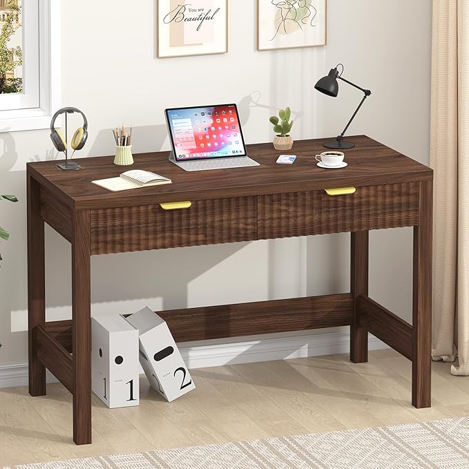 Fluted Computer Desk with 2 Drawers 39 Inch Small Computer Desk with Storage Compact Writing Study Desk for Small Spaces Walnut