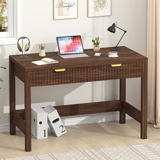 Fluted Computer Desk with 2 Drawers 39 Inch Small Computer Desk with Storage Compact Writing Study Desk for Small Spaces Walnut