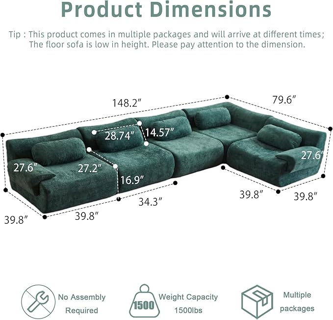 148.2 Boneless Couches for Living Room Set Cloud Modular Sectional Sofa in a Box Memory Foam Modern Couch Big Comfy Compressed Sofas L Shaped Couch with Corner Bedroom Apartment Dark Green
