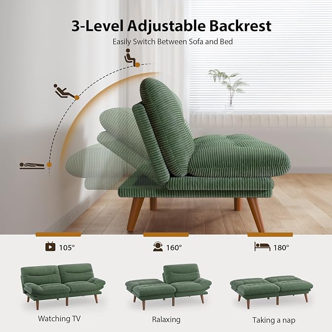 Pipishell Futon Sofa Bed Modern 66 Futon Couch Convertible to Bed &amp Lounger Compact Size Corduroy Loveseat Durable Construction - Fits Small Spaces ApartmentsStudy Room(Seaweed Green 66 In