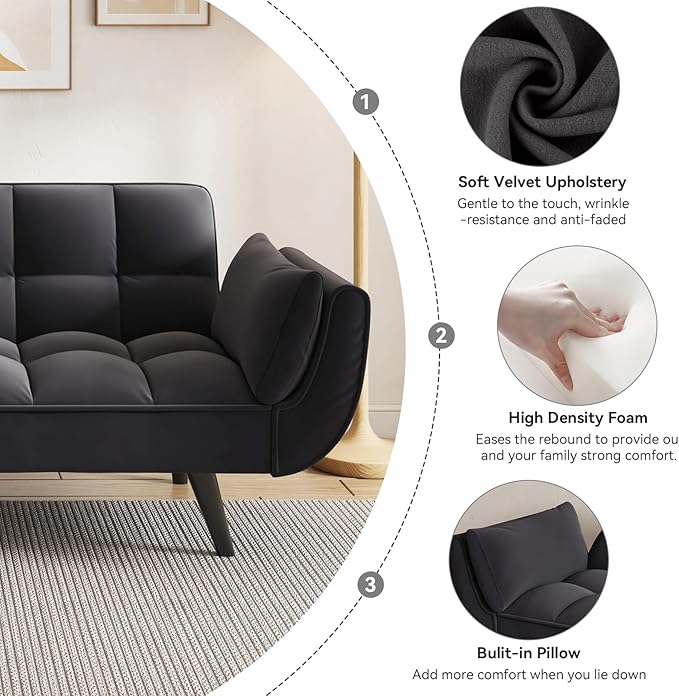 KINFFICT 57 inch Black Futon Sofa Couch Bed Comfy Velvet Upholstered Loveseat Convertible Sleeper Sofa cama with Adjustable Backrest Mid Century Modern Sofas for Living Room Bedroom Small Space