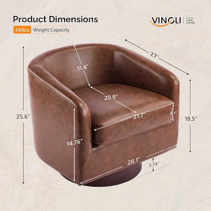 VINGLI 360°Swivel Accent Chairs Set of 2 with Engineered Wood Base and Removable Cushion for Living Room Bedroom Curved Back Barrel Chairs for Small Space Upholstered Bucket Armchairs Pu-Brown