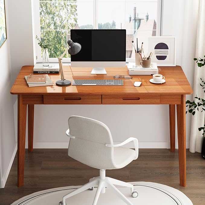 FUFU&ampGAGA 47” Office Desk Rectangular Computer Desk with 2 Drawers Writing Table for Reading Crafting Home Office Study Room Brown Walnut 47.2”W x 21.7”D x 29.5”H