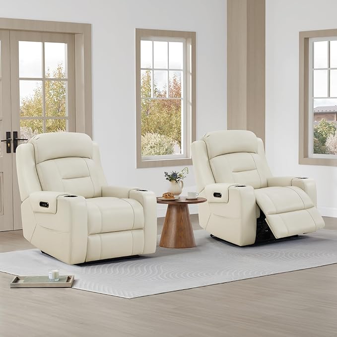 Watson &amp Whitely Genuine Leather Power Recliner Chairs for Adults Lay Flat Recliner with Power Headrest USB Ports and Cup Holders Electric Reclining Sofa for Living Room Bedroom Cream