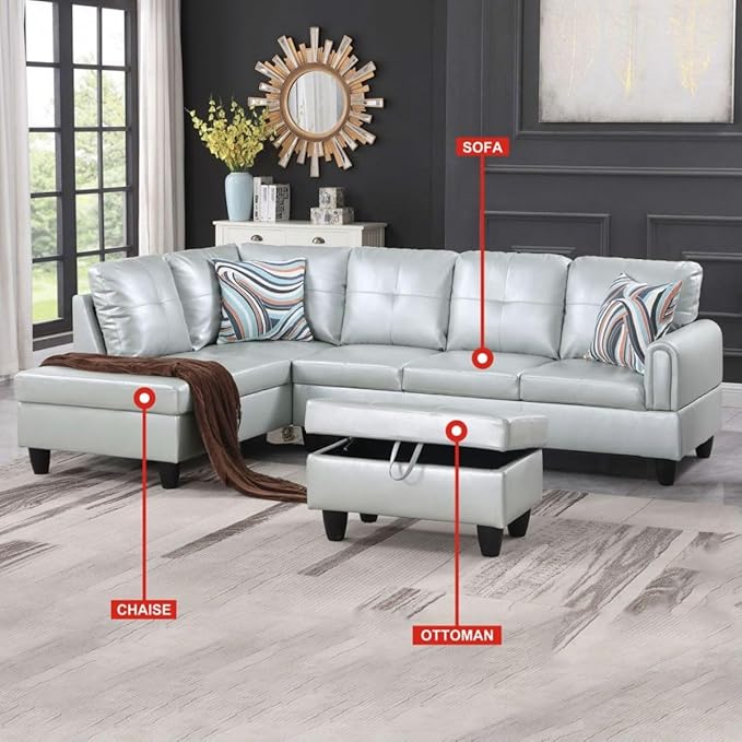 Silver Green L-Shaped 3-Piece Faux Leather Sofa with Storage Ottoman Set Sectional Couch Sofa Set for Living Room Office Small Space