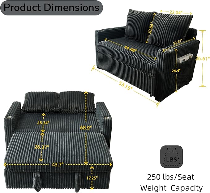 Dreamzie 53 Pull Out Couch 3 in 1 Convertible Sleeper Sofa Bed Corduroy Fabric Double Loveset with Pull Out Bed USB Port Side Pockets and Cup Holders for Living Room and Apartment Gray