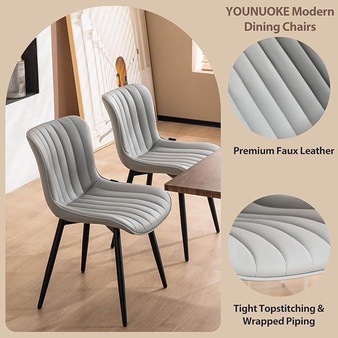 YOUNUOKE Mid-Century Modern Dining Chairs Set of 2 Grey PU Leather Upholstered Kitchen Chairs with Black Metal Legs Armless Accent Chair for Dining Room Guest Reception Room