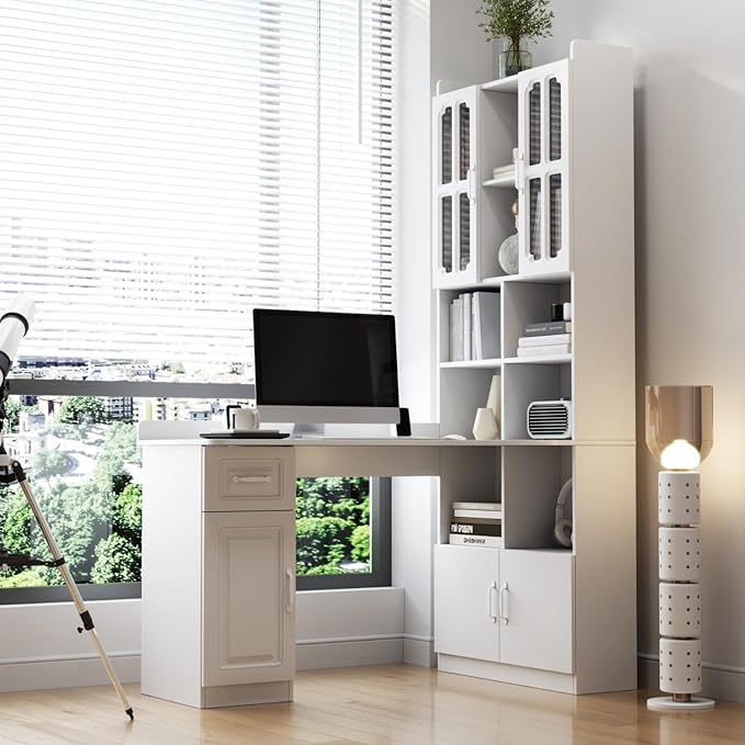 L-Shaped Corner Computer Desk with Hutch Home Office Desk with Storage Shelves Bookcase Cabinet &amp Drawer for Study Room Large Working Space Computer Table for Small Space