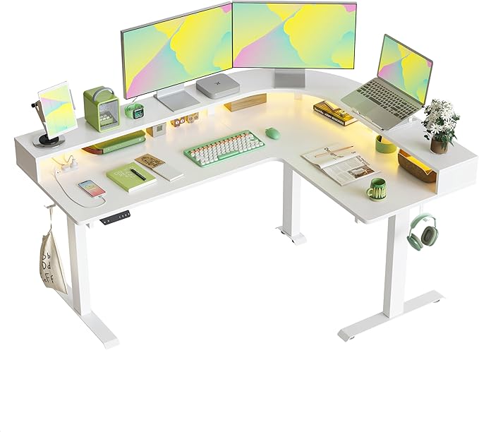 FEZIBO 63 L Shaped Standing Desk with Arc LED &amp Power Outlet Exclusive Uprated Triple Motors Support 330LBS Electric Height Adjustable L Shaped Desk with Large Monitor Stand for Home Office W
