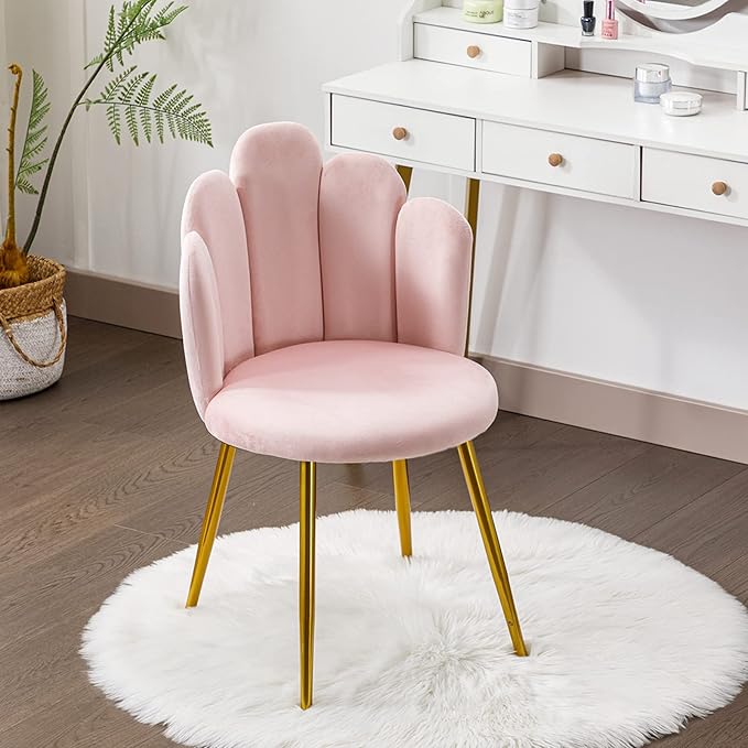 Vanity Chair for Makeup Room - Midcentury Modern Accent Velvet Chair with Back Support Gold Legs for Living Room Bedroom (Pink)