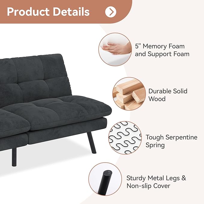 Convertible Futon Sofa Bed Memory Foam Futon Couch with Adjustable Backrest Folding Small Loveseat Sleeper Recliner for Living Room Apartments Bedroom or Office (Black)