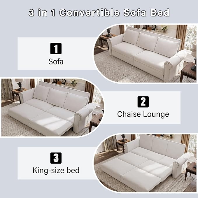93.7 King Size Chesterfield 3-seat Pull Out Sofa Bed Velvet Couch Bed with Nailhead Trim and Rolled Arm 3-in-1 Sleeper Sofa for Living Room Apartment Office Beige