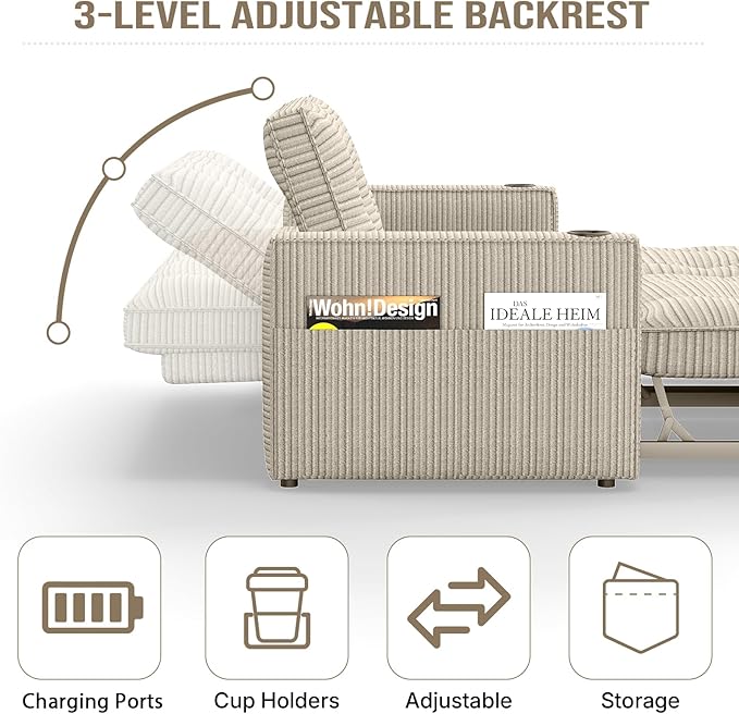 Rovibek 73.2 Convertible Sofa Bed Pull Out Couch with USB Charging Port &amp Cup Holders Adjustable Backrest Side Pockets Modern Corduroy Sleeper Sofa for Living Room Bedroom Apartment Beige