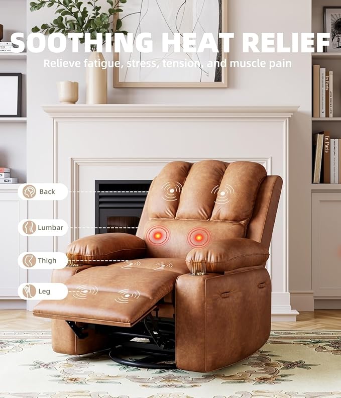 GarveeHome Oversized Recliner Chair 360° Swivel Rocker Recliners with Heat &amp Massage Soft Lazy Boy Recliner Chair with 2 Cup Holders and Side Pocket for Living Room Bedroom Nurseries -Retro Brow