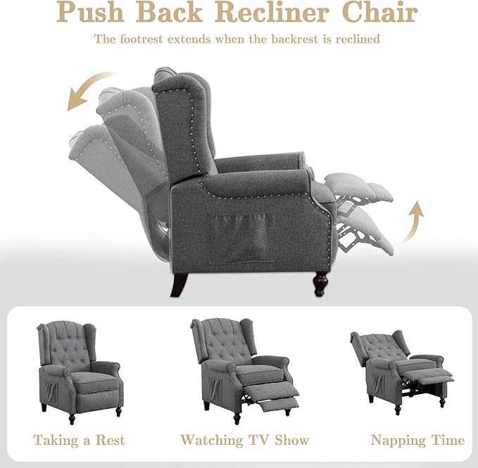 Pushback Recliner Chair Linen Elizabeth Tufted Armchair Accent Chair with Massage &ampHeat Mid Century Modern Wingback Single Sofa Chairs for Living Room Small Space Home Theater (Light Grey)
